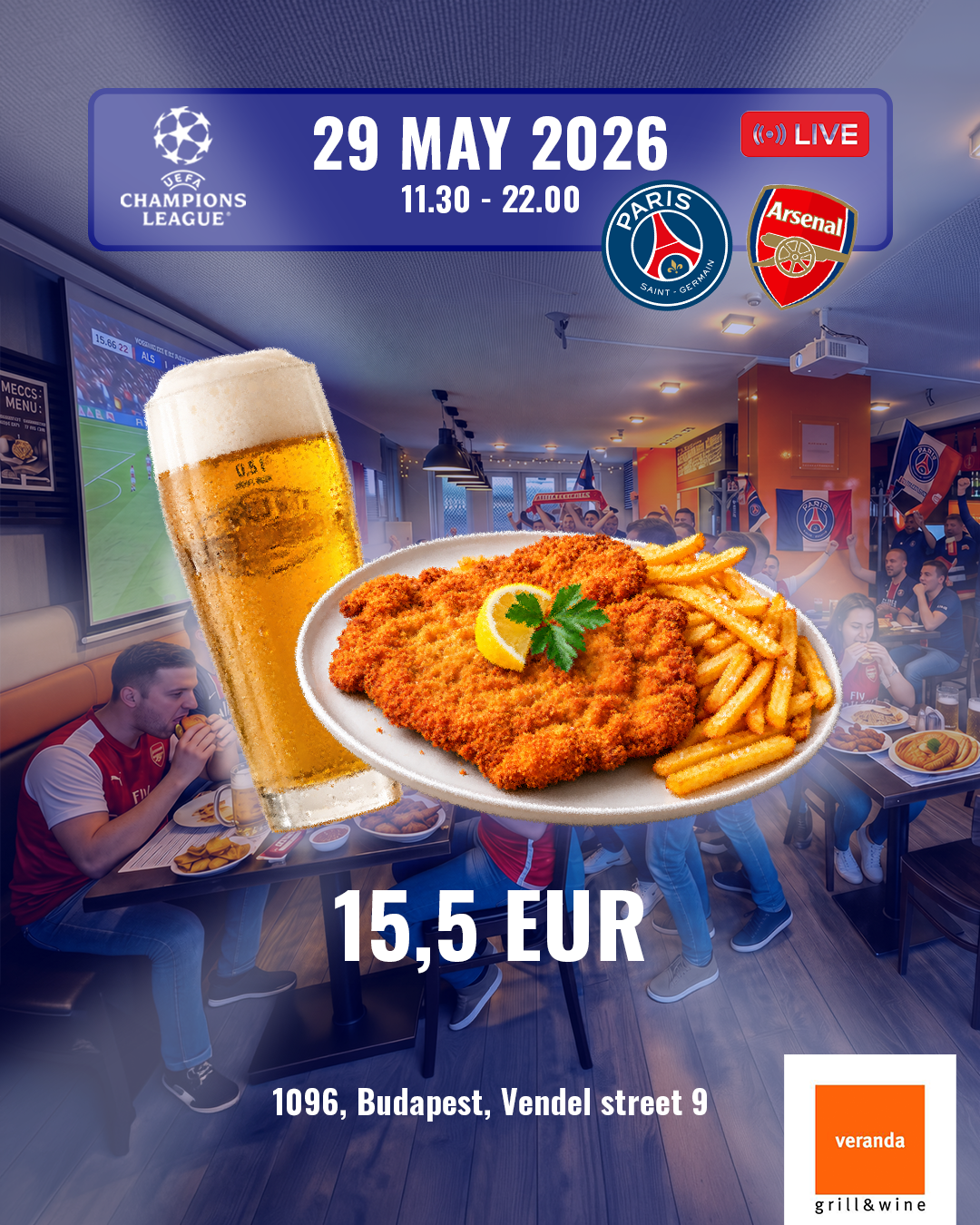 Giant breaded schnitzel with beer – 29 May match day menu at Veranda Budapest