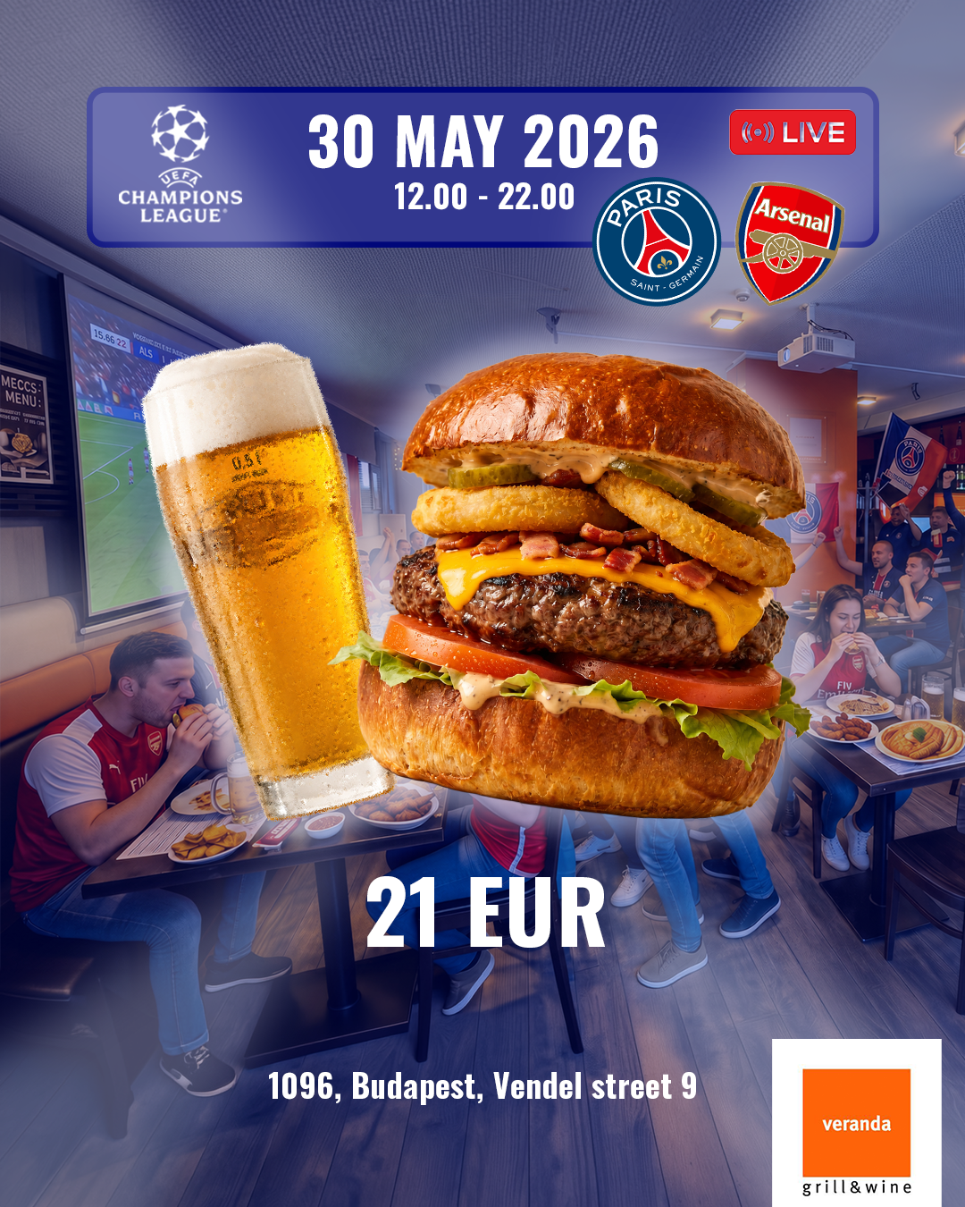 Angus beef burger with beer – 30 May Champions League menu at Veranda Budapest